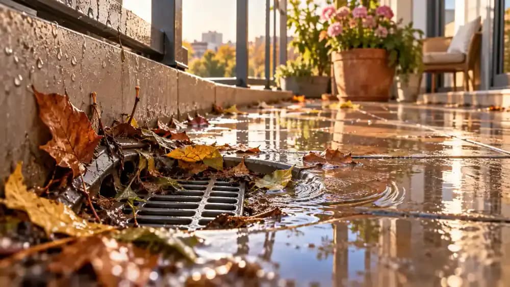 Close-up of a balcony drain blocked by fallen leaves with water pooling nearby, followed by a building maintenance professional clearing the obstruction while the owner keeps the pet indoors during cleaning.