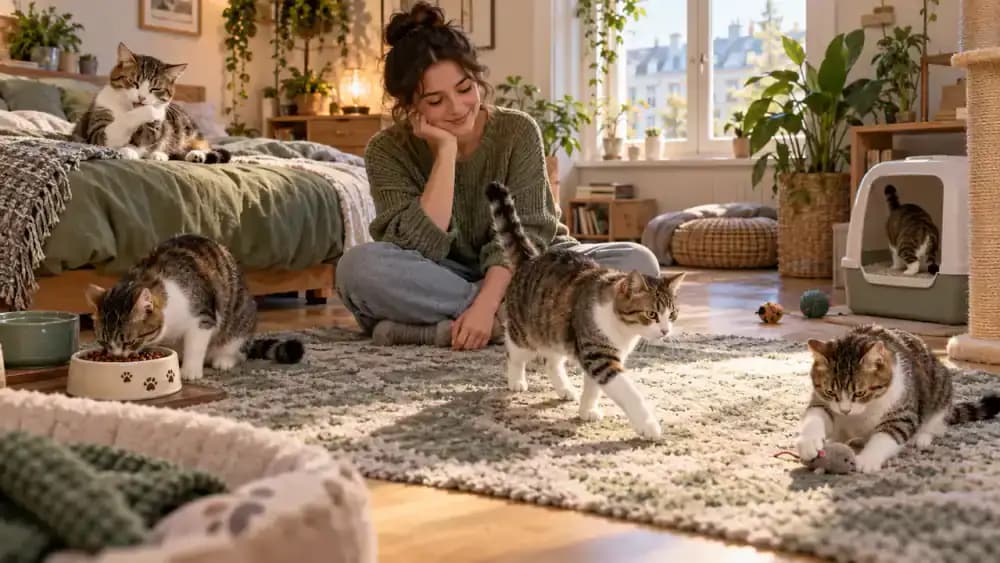 Cat cautiously exploring hallway while starter room remains open behind it