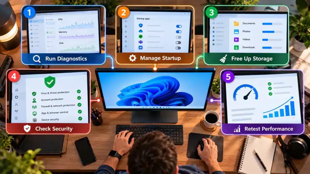 Windows 11 desktop monitor displaying five numbered troubleshooting panels covering Task Manager resource usage, startup applications, temporary file cleanup, Windows updates and security, and performance testing after restart.