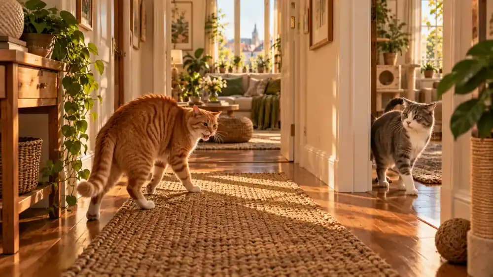 Milo briefly hisses after unexpectedly encountering Luna in a hallway before both cats calmly separate
