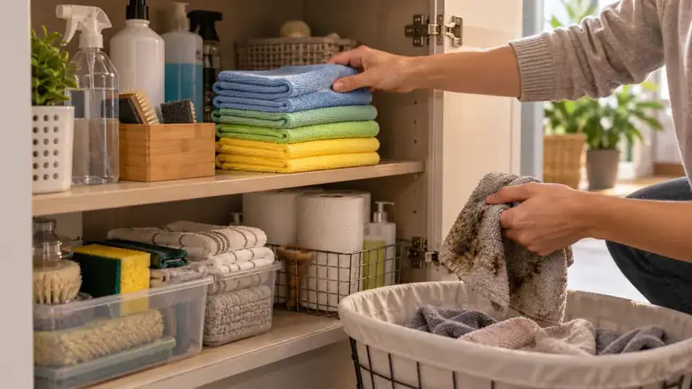 Hand placing a clean, dry microfiber cloth into a labeled stainless steel cleaning bin while removing a greasy cloth to a laundry basket beside a refrigerator.