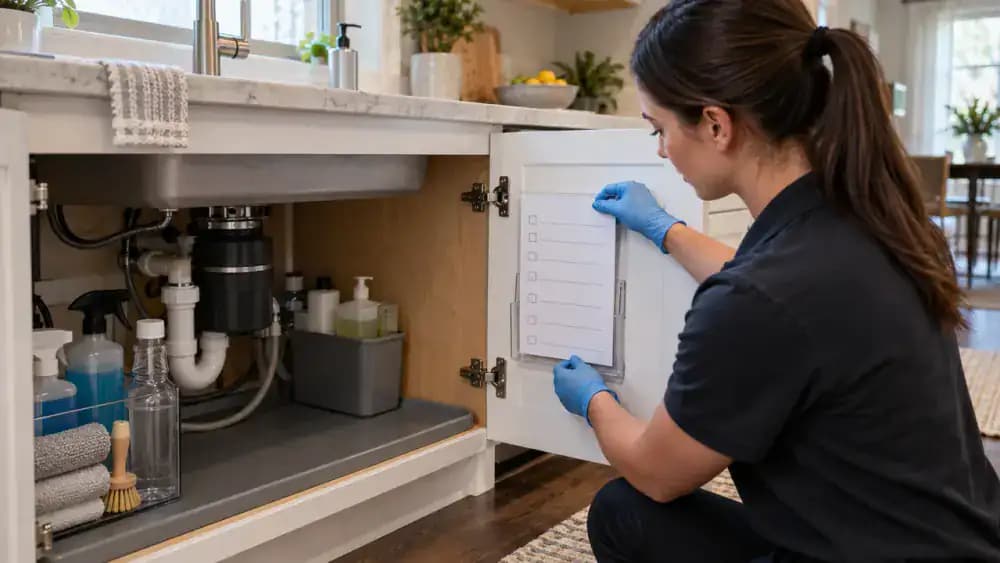 Blue-gloved person placing a laminated monthly under-sink inspection checklist in a transparent holder on a dry kitchen cabinet door, with organized cleaning bottles, a waterproof tray, and unobstructed plumbing visible behind it.
