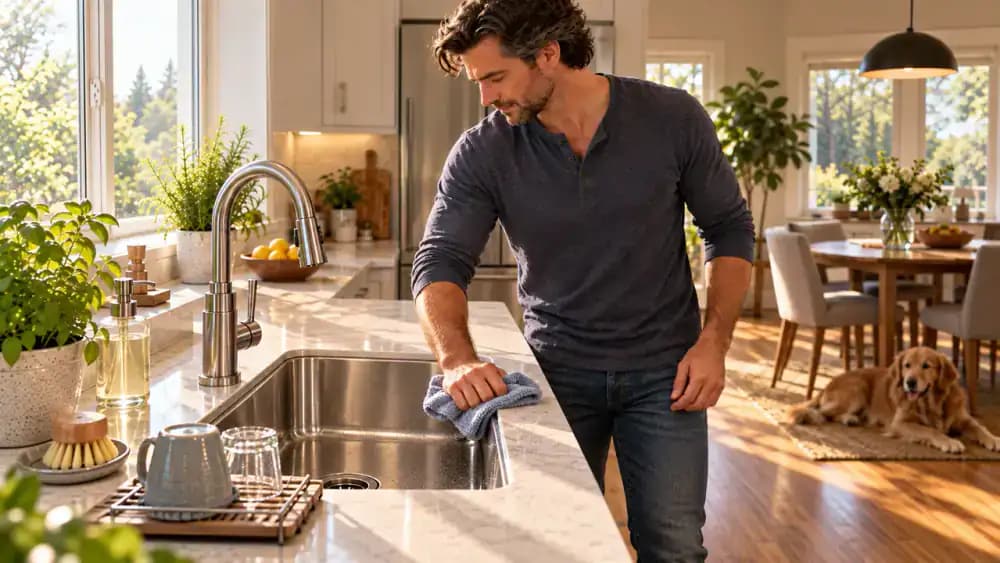 Wide view of a modern American kitchen with a homeowner using a green microfiber cloth to dry water droplets from a stainless steel sink beside a coffee mug on a drying rack, with natural sunlight revealing subtle remaining cloudy marks.