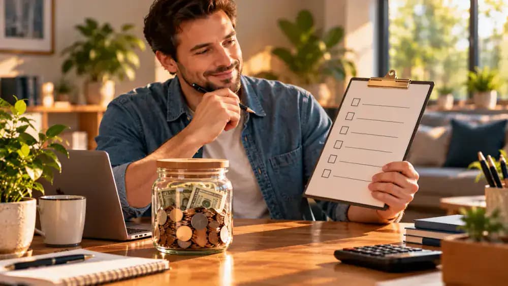 Confident adult reviewing a blank checklist beside a filled emergency savings jar in a bright home office.
