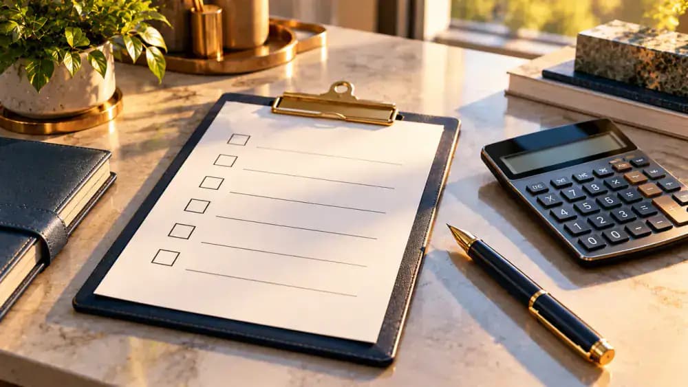 Clipboard with empty checklist boxes beside a pen and calculator, representing questions to ask before purchasing umbrella insurance.