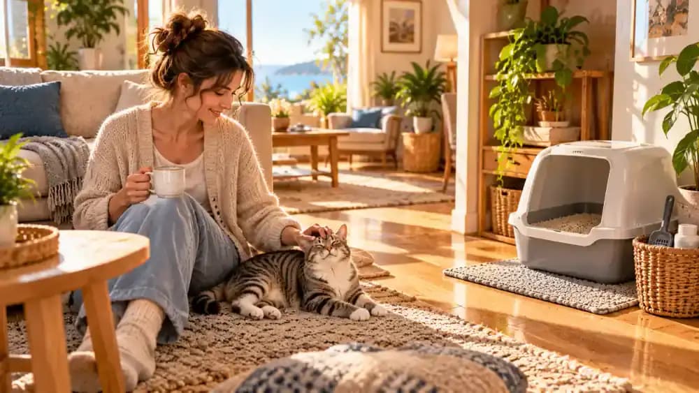 Cat confidently entering a clean litter box in a comfortable home, followed by an owner reviewing a completed cleaning checklist and relaxing beside the cat, with messages highlighting Comfort, Consistency, and Cleanliness.