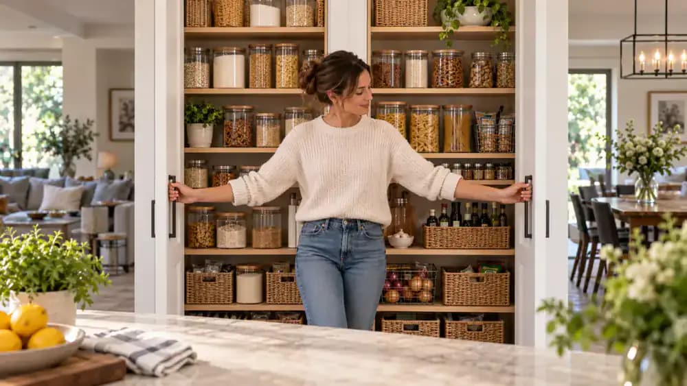 Bright modern American kitchen with open double pantry doors revealing clean, dry laminate shelves, transparent flour and sugar containers, neatly grouped sealed snacks, upright cooking ingredients, a white tray holding capped syrup, honey, and oil bottles, and canned goods arranged on lower shelves
