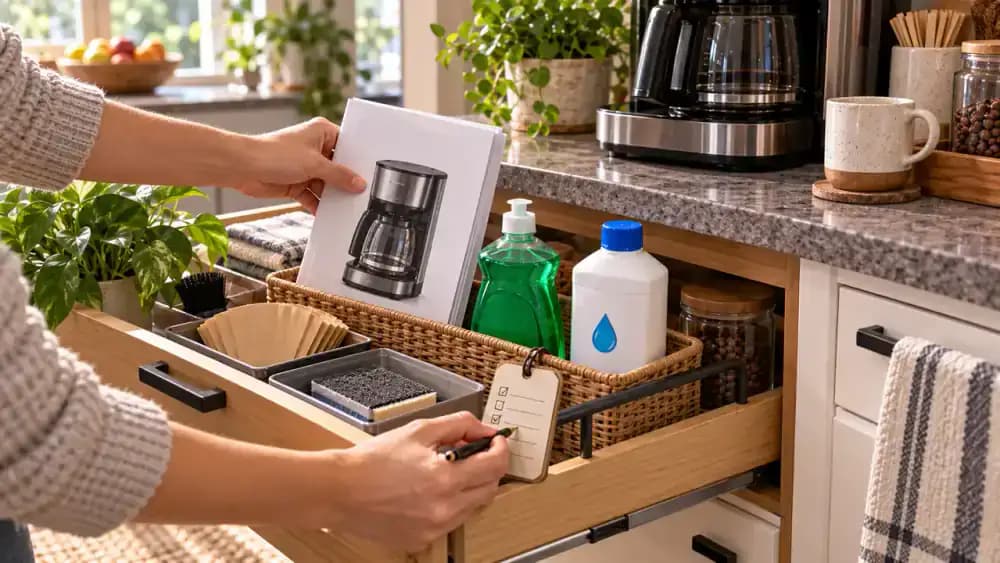 Clean drip coffee maker brewing fresh coffee into a glass carafe in a morning kitchen, with fresh grounds, plain water, a poured cup, and the closed manufacturer manual nearby.