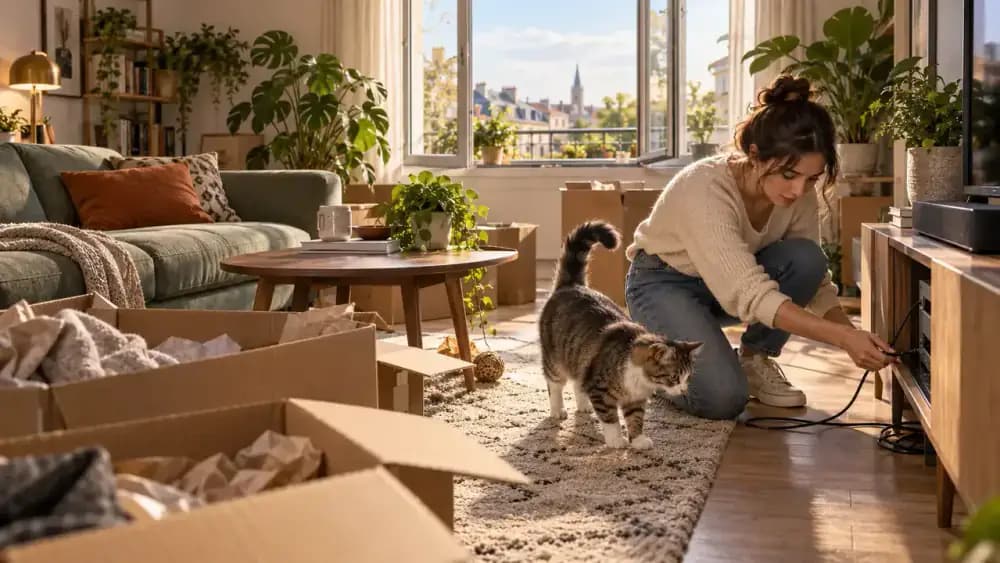 Owner walking through the home with a weekly cat safety checklist while the cat follows toward a secure window perch