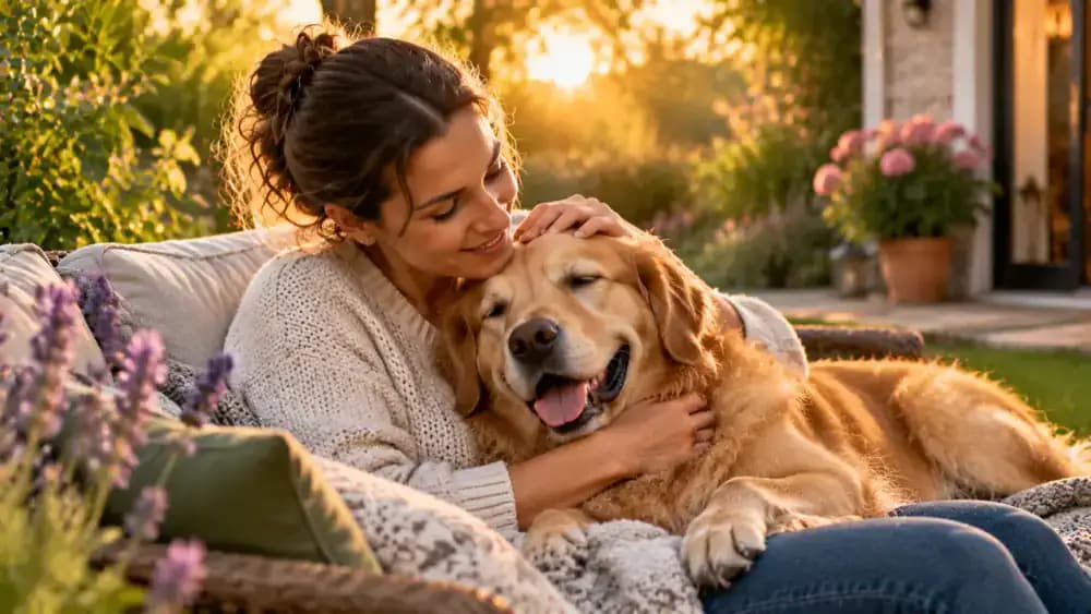Relaxed dog resting beside its owner in a garden after an ordinary grooming session, with a closing message reading Comfort First, Safe Care Always.