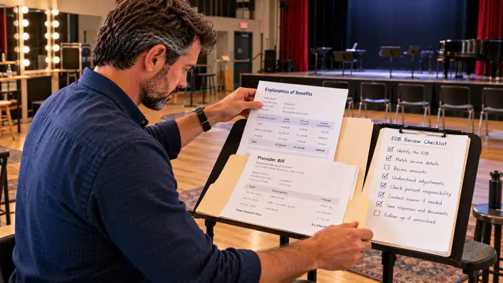 Adult in an empty community theater rehearsal room reviewing a fictional Explanation of Benefits and provider bill beside a checklist covering document identification, claim details, financial amounts, bill comparison, and follow-up questions before filing the paperwork in an EOB Review folder.