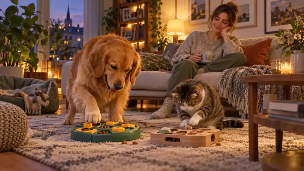 Dog and cat calmly using different puzzle feeders in a relaxed living room