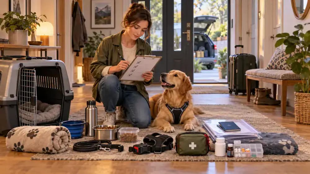 Owner reviewing a final pet travel checklist beside an organized packed bag in the front hallway