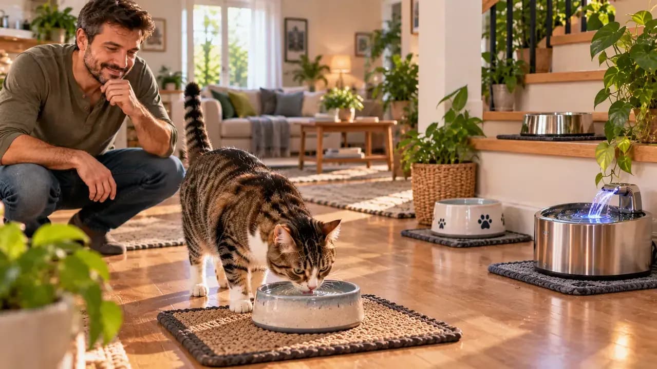 Healthy relaxed cat drinking fresh water with several clean water stations visible in the home