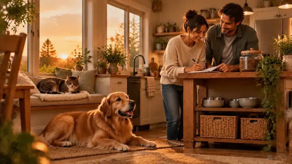 A Golden Retriever relaxes on a soft rug after dinner while a tabby cat curls up on a nearby window seat and two adults finish the day's feeding routine by closing a food storage cabinet and checking the feeding log in a warm sunset-lit kitchen.