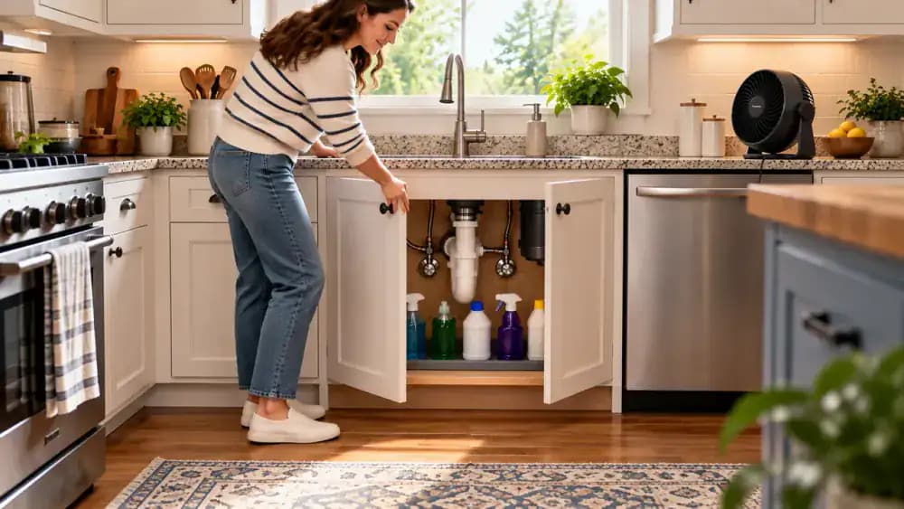 Wide view of a bright modern kitchen showing a person wearing blue protective gloves closing clean under-sink cabinet doors, with a monthly maintenance reminder magnet attached near the handle and the kitchen sink visible above.