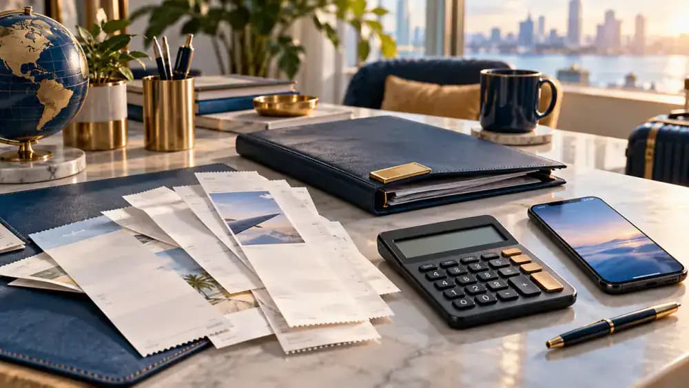 Organized travel receipts, folder, calculator, and smartphone arranged for tracking international credit card purchases.