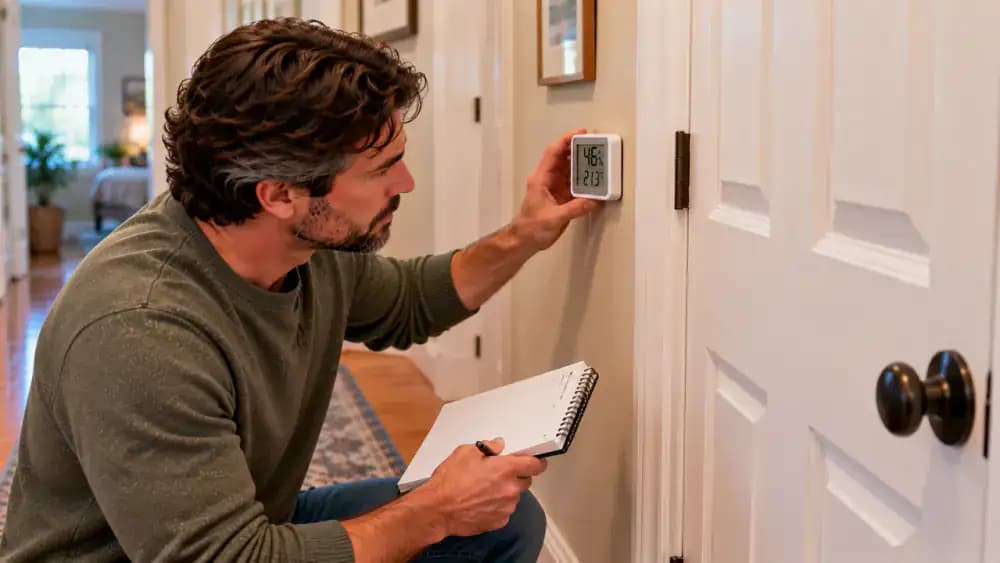 Homeowner calling a qualified professional beside a partially open white interior door with a diagonal drywall crack above the casing, uneven wall gap, and unused screwdriver and spirit level on a wooden side table.