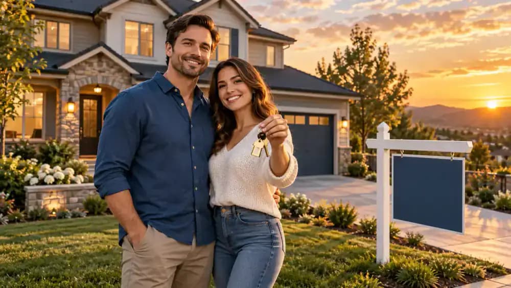 Homeowner holding house keys outside a recently sold suburban property at golden hour.