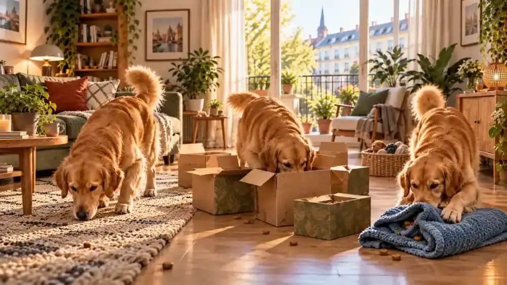 Dog confidently searching a safe living room for visible and hidden food