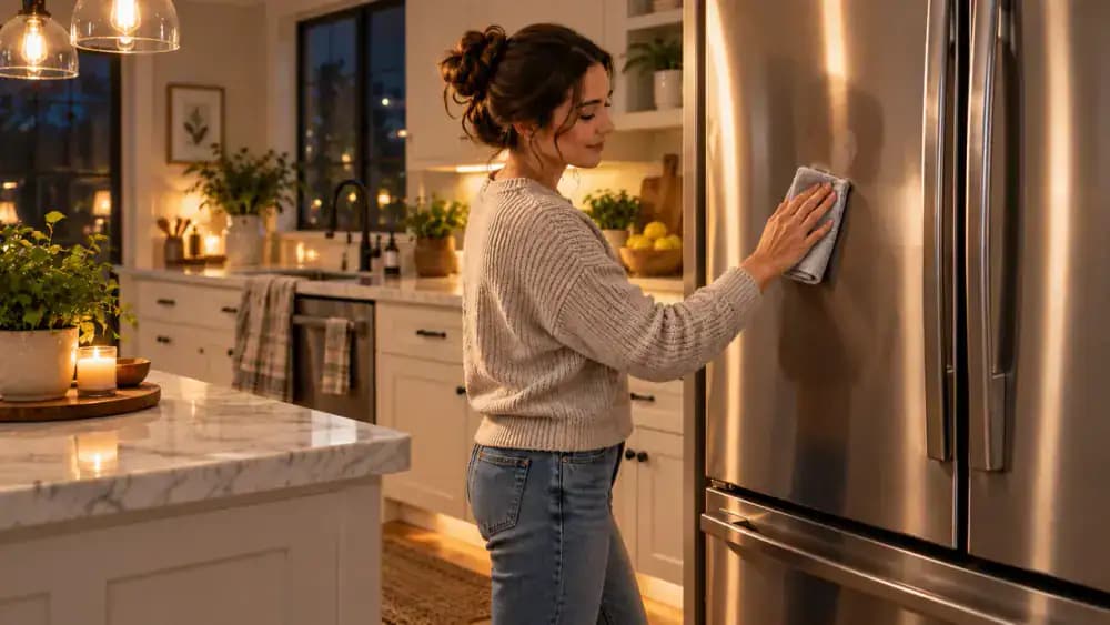 Person wiping a fresh fingerprint from the center of a stainless steel refrigerator door with a dry microfiber cloth, following the horizontal grain in a clean modern kitchen.