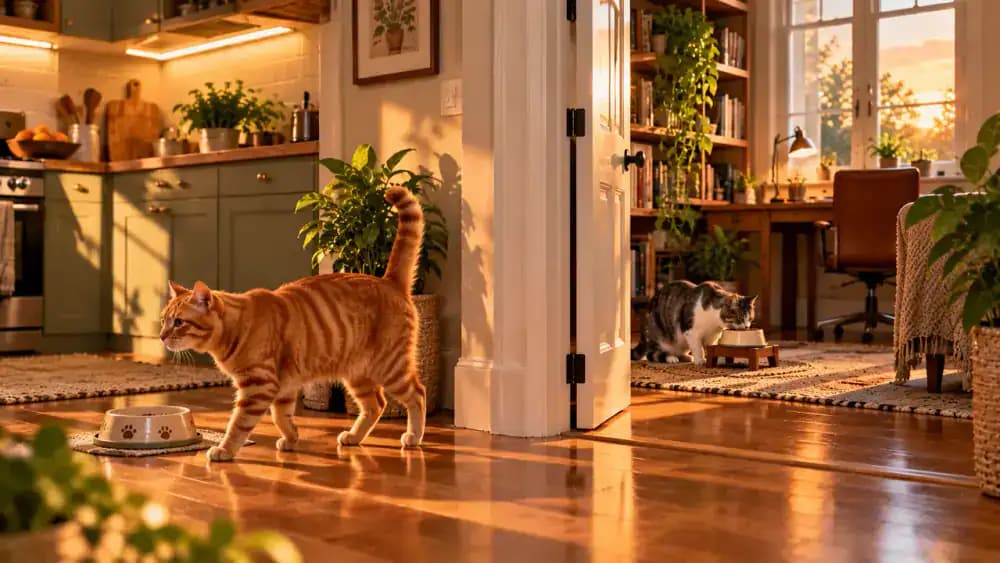 Orange tabby stretching after eating beside a sunlit kitchen window while a fluffy gray-and-white cat finishes its meal in a separate study and the owner reviews a feeding record.