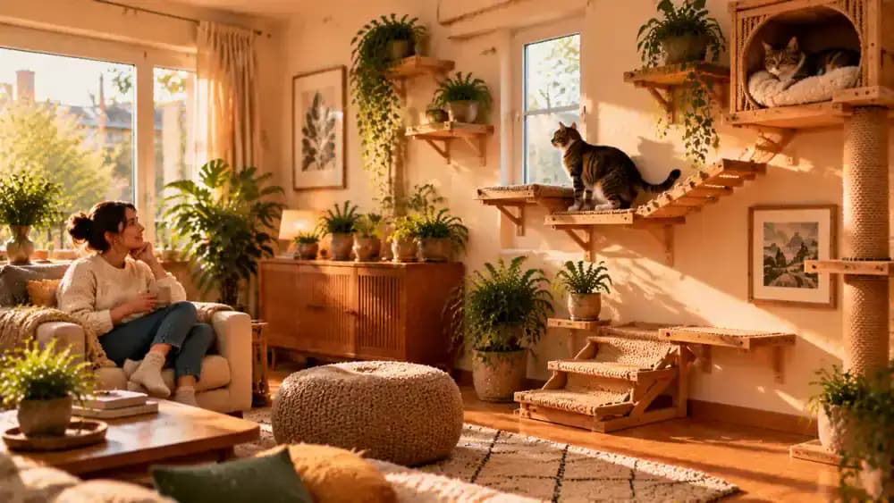 Cat independently choosing between a low climbing step, a middle observation shelf, and a cushioned elevated resting nook while its owner watches from an armchair in a tidy living room.