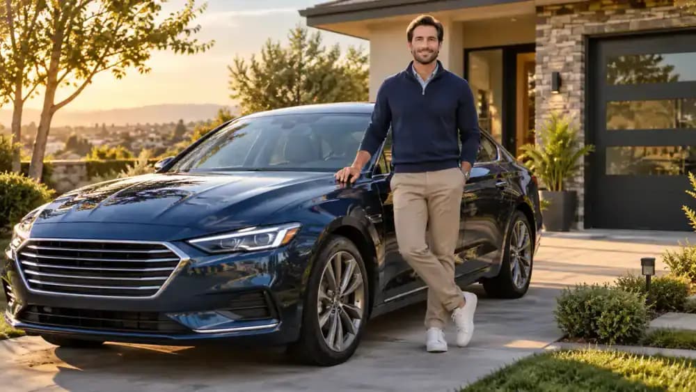 Driver standing beside a clean sedan in a sunny residential driveway.
