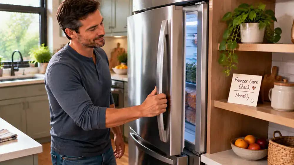 Homeowner standing near a clean freezer with a monthly maintenance reminder card placed on a kitchen shelf beside the appliance.