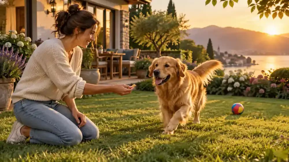Golden retriever happily running away from a ball toward its kneeling owner in a fenced garden
