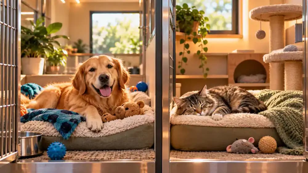 Pet owner reviewing a personalized boarding plan with a caregiver, calmly saying goodbye to a relaxed dog, and a cat resting comfortably in a separate welcoming boarding space beneath a Boarding Made Easier title.