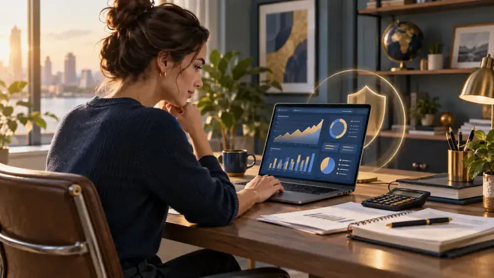 Person reviewing organized financial records in a bright home office