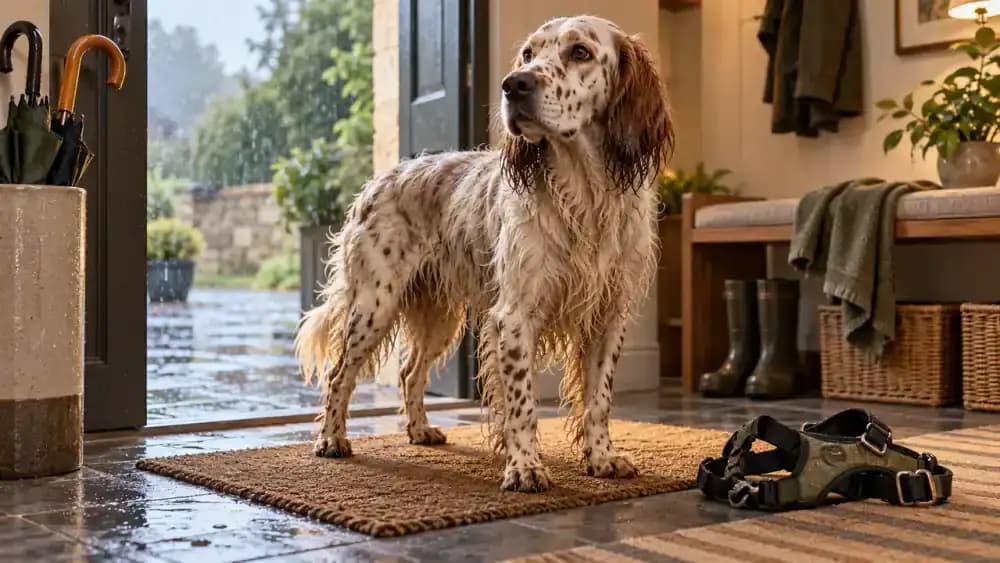 Healthy Golden Retriever relaxing on a woven rug beside a fluffy long-haired cat on a velvet armchair in a sunny conservatory, while their owner gently strokes the dog near a stored grooming basket and autumn garden windows.