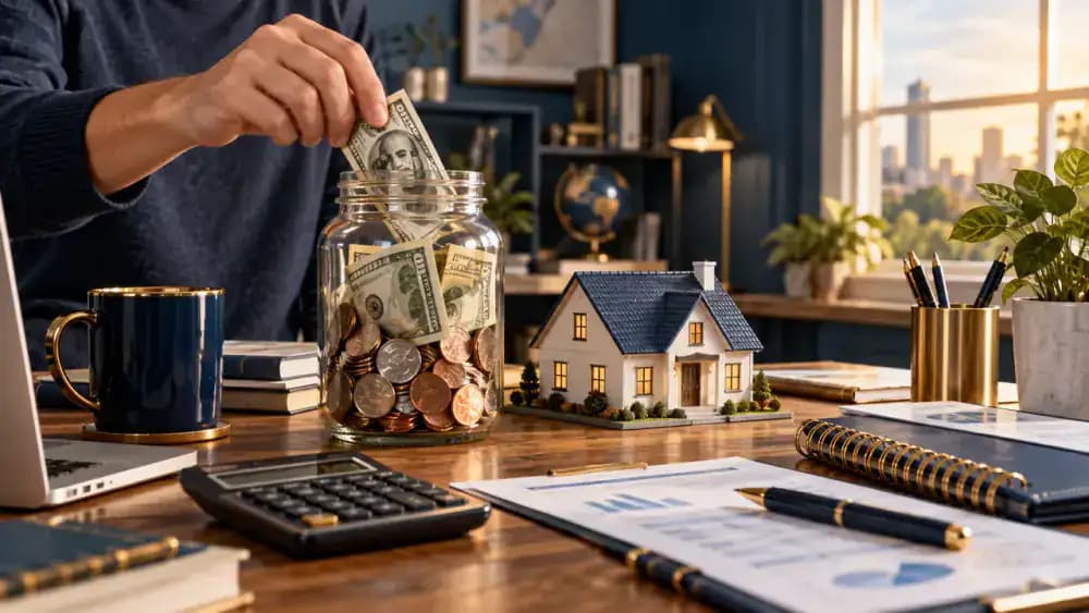 Savings jar beside miniature house model