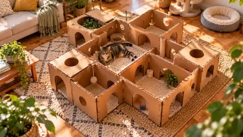Tabby cat exploring a completed floor-level cardboard maze, passing through a wide doorway, walking along a connecting tunnel, looking through a viewing window, and resting inside while its owner supervises.