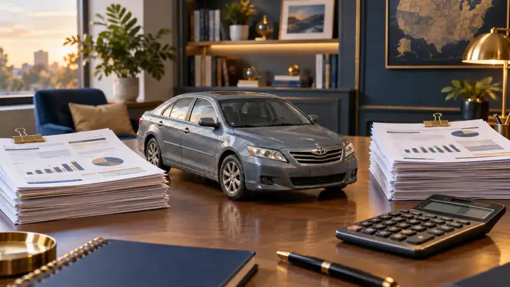 Buyer verifying vehicle ownership and lien documents before completing a private sale.