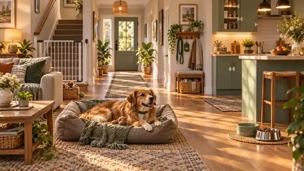 Prepared home with secure cabinets, gated stairs, dog bed, feeding station, leash, and relaxed dog