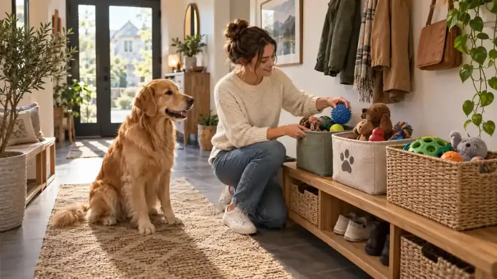 Happy dog and cat playing with a small varied toy selection in a tidy room