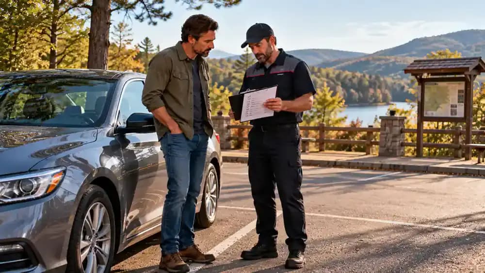 Car owner reviewing a vehicle maintenance checklist on a smartphone beside a safely parked American sedan while discussing next steps with an automotive service professional.