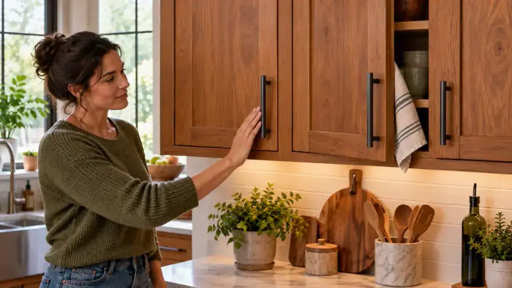 Wide-angle view of a sunlit modern American kitchen with satin-finished honey-colored maple cabinets, white quartz countertops, and cream subway tile backsplash. An adult gently wipes a small cooking splatter from a cabinet door using a microfiber cloth, with mild cleaning solution and a dry towel n