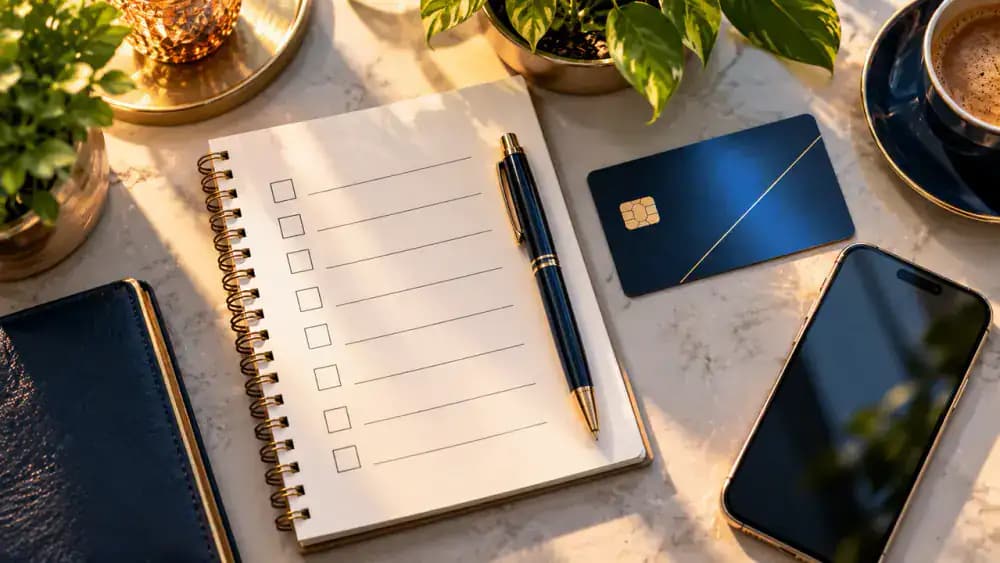 Blank checklist, pen, smartphone, and credit card representing a practical missed payment action plan.