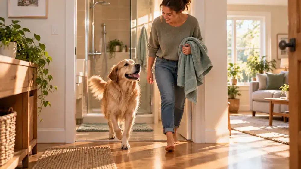 Freshly bathed dog walking calmly from the bathroom into a bright, welcoming home beside its owner, who is carrying towels.