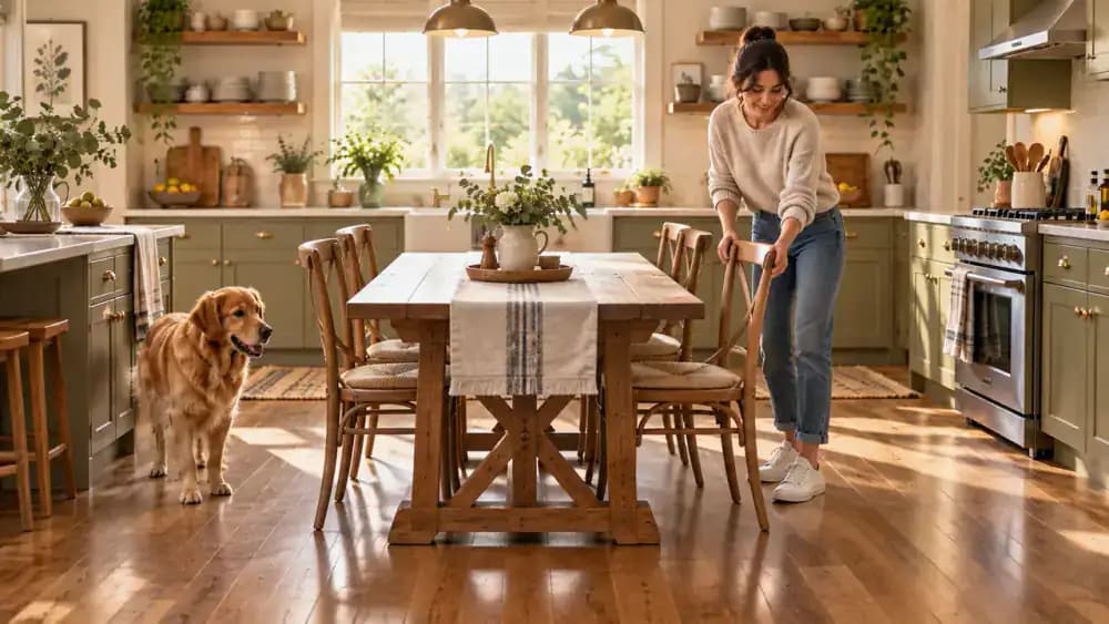 Person checking a magnetic kitchen cleaning checklist on a refrigerator beside clean, dry vinyl plank flooring, with reminders to wipe spills, sweep crumbs, measure cleaner, wash microfiber pads, and dry the floor.