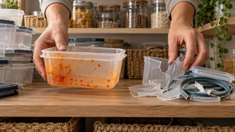 High diagonal view of a transparent plastic food container with orange tomato discoloration around its bottom corners on a circular bamboo tray, surrounded by five illustrated cleaning instruction cards. A hand inspects the container beside its dry lid and silicone gasket on a cream quartz kitchen i