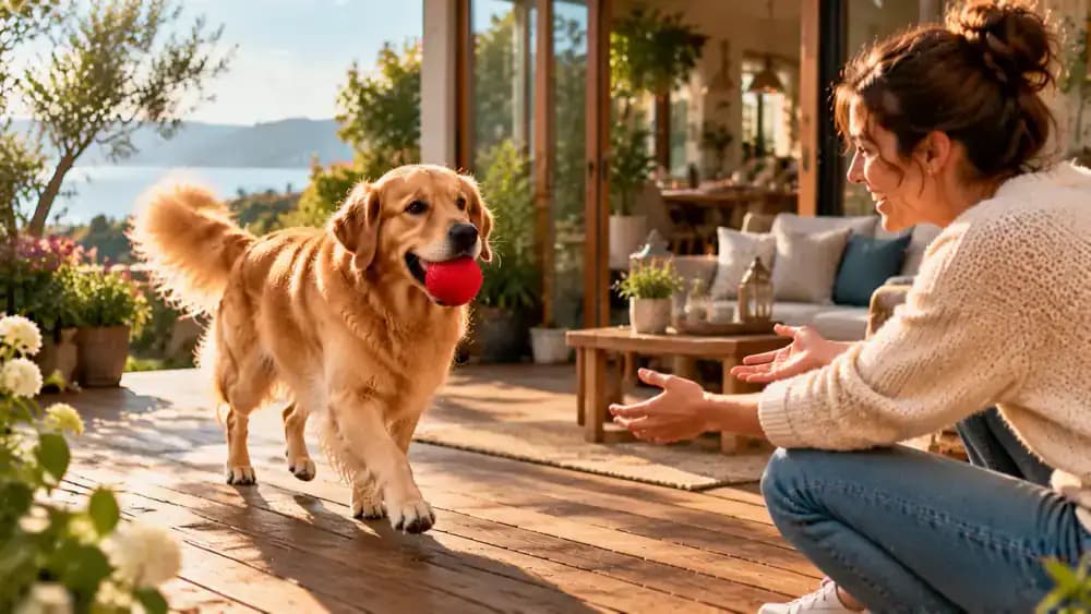 Golden retriever carrying a red ball toward its smiling owner on a wooden deck surrounded by colorful dog toys in morning sunlight.