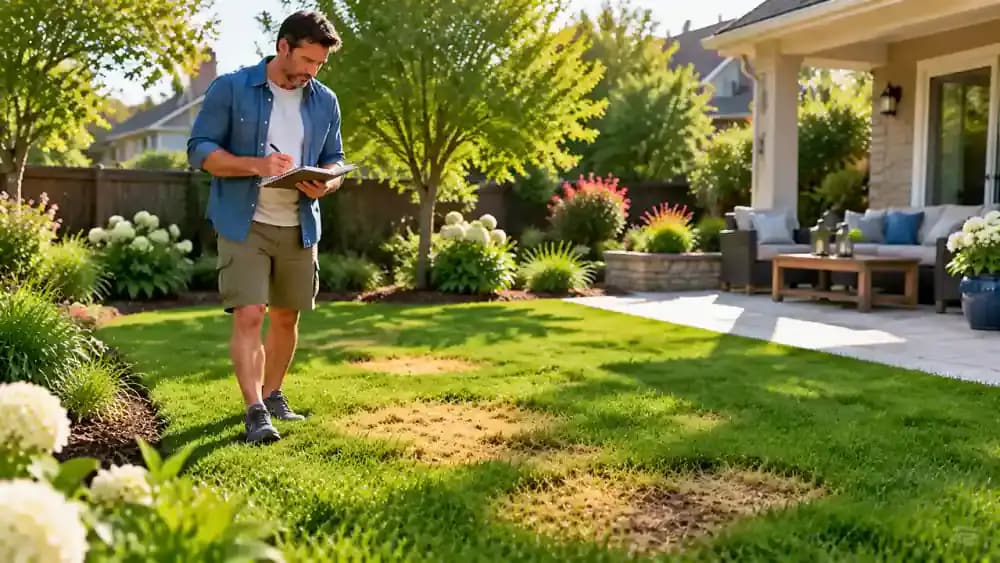 Homeowner walking across a suburban lawn with a notebook, inspecting yellow grass patches and recording observations beside healthy green turf.