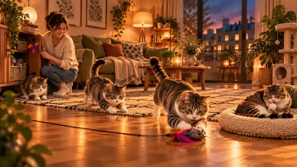 Cat completing a full interactive hunting-style play sequence
