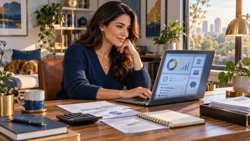 Confident consumer reviewing updated banking information and account notices at a home desk.