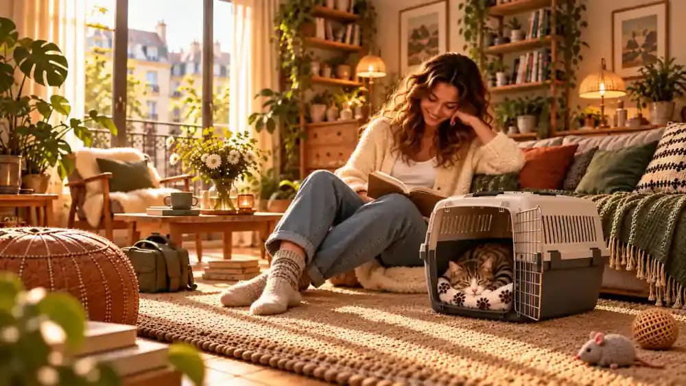 Relaxed cat sleeping voluntarily inside an open carrier in a calm living room