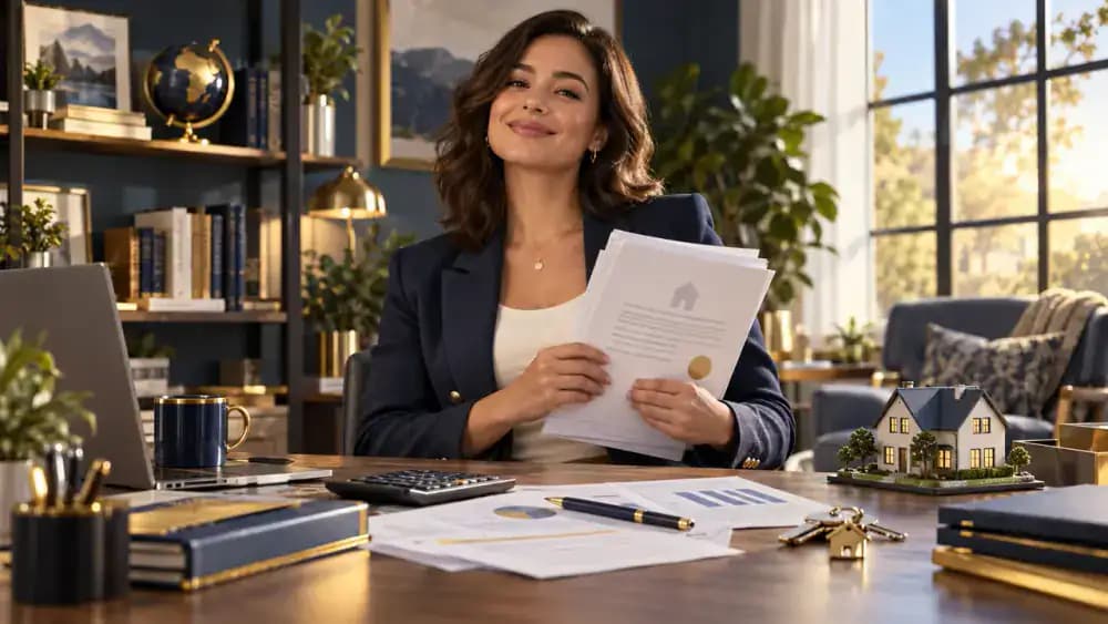 Confident homeowner holding mortgage documents